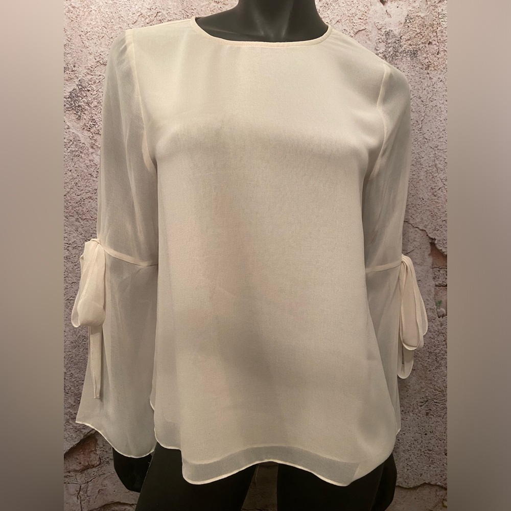 Melanie Lynn Ivory Chiffon Sleeve Tie Blouse NEW